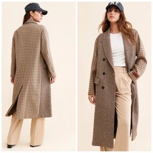 Ottod Ame Mix Print Oversized Overcoat Brown Plaid Houndstooth Size 2